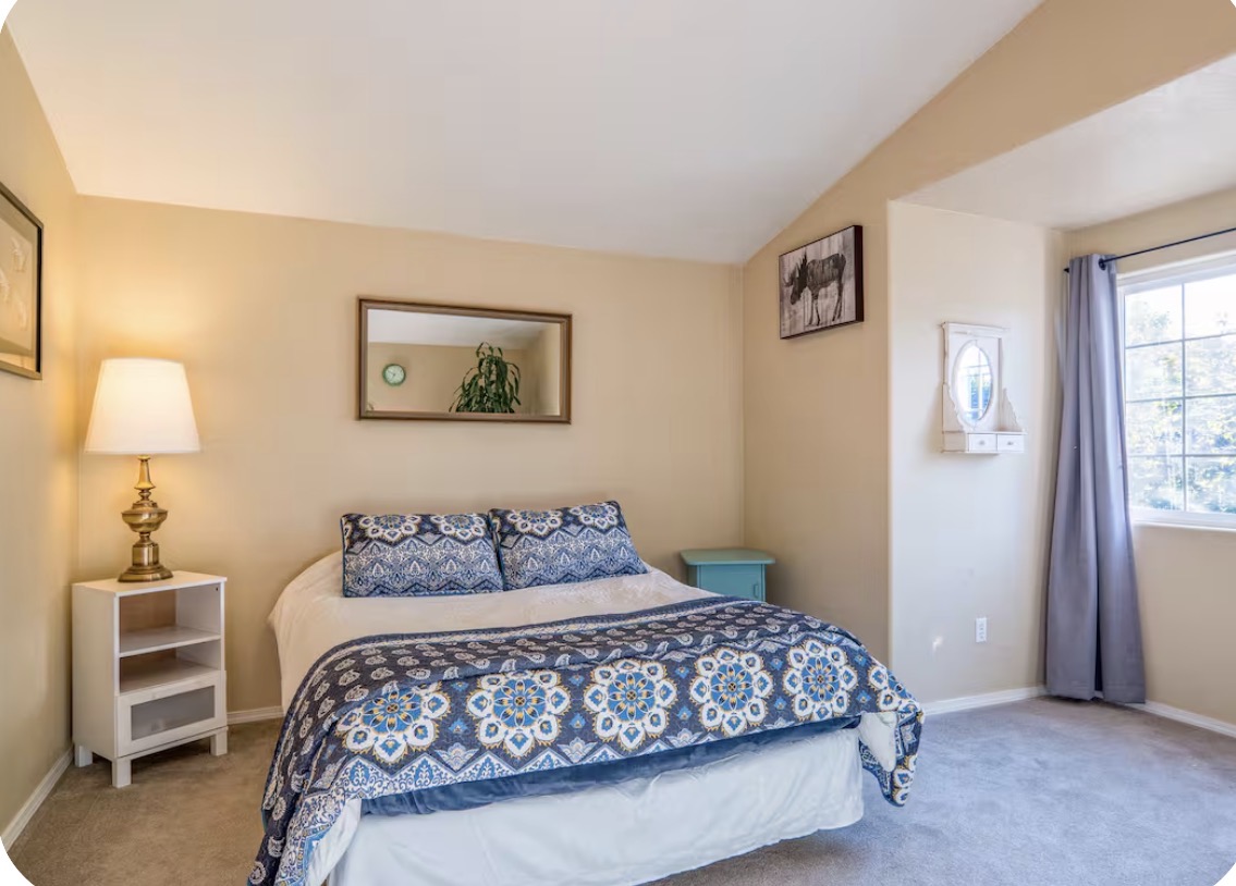 Beige bedroom with queen bed and leafy plant